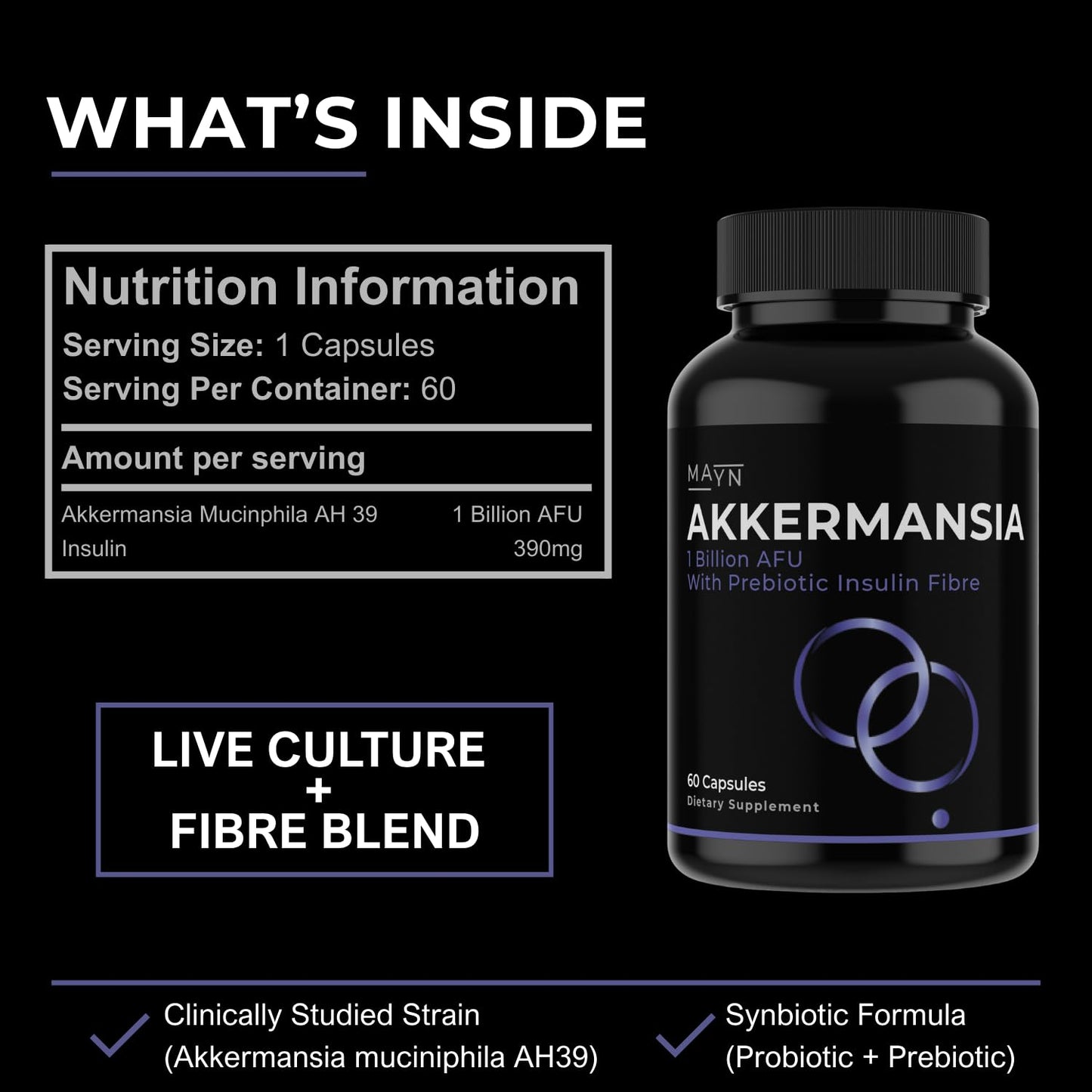 Akkermansia Muciniphila 1 Billion AFU Probiotic Capsules with Prebiotic Inulin Fibre